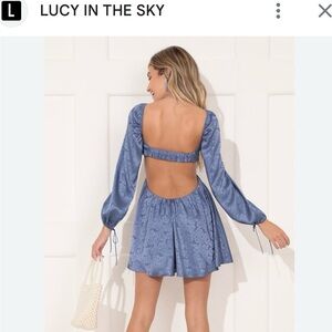 Lucy in the Sky Krista Long Sleeve Fit & Flare Dress in Blue Floral Satin (LEFT)